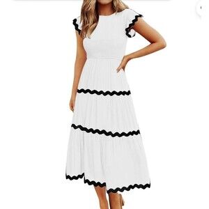 ZESICA Solid White Midi Dress Black Trim Ruffle Flutter Sleeve Size S
